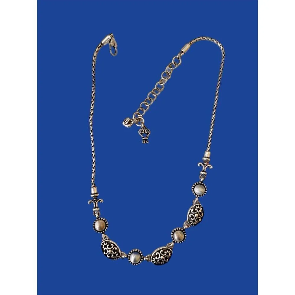 Brighton BARCELONA Silver Cut-Out Scrolled Oval Brushed Links Necklace.